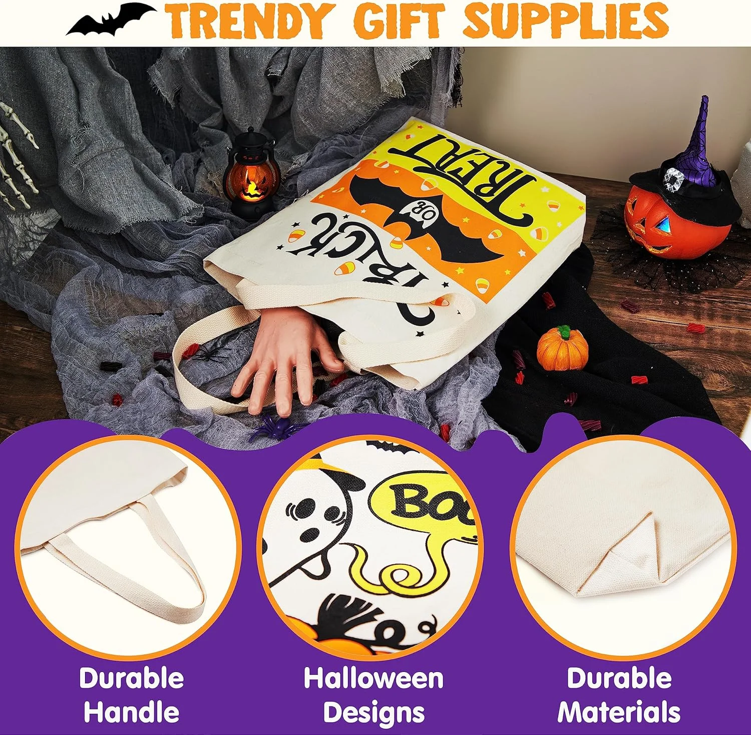 Halloween Tote Treat Bags for Trick or Treating Halloween Goodie Candy Bags Canvas Gift Bags for Kids Party Favor Supplies