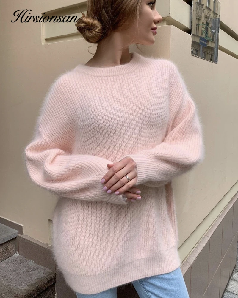 Hirsionsan Soft Loose Knitted Cashmere Sweaters Women 2023 New Winter Loose Solid Female Pullovers Warm Basic Knitwear Jumper