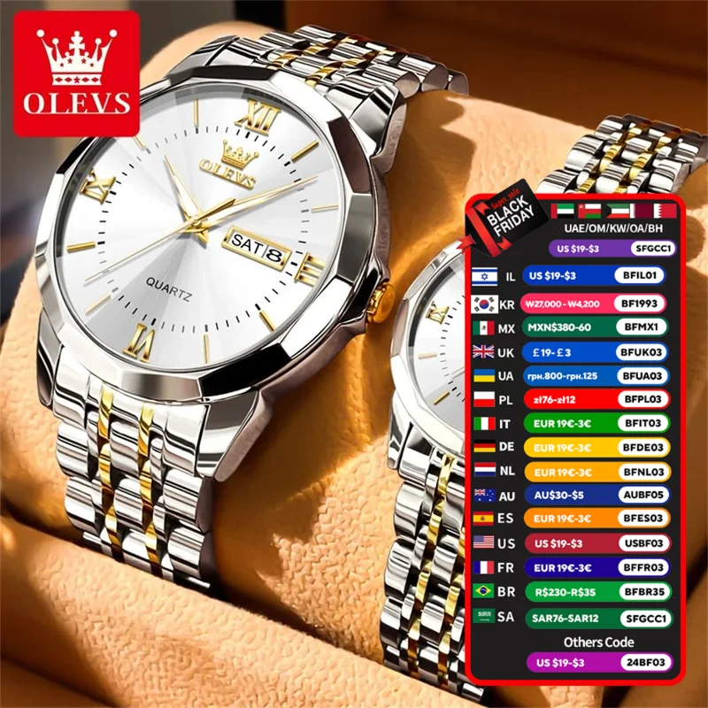 OELVS reloj de pareja reloj de pulsera de lujo acero inoxidable resistente al agua fecha semana correas de reloj de acero inoxidable masculino regalo de pareja 9989