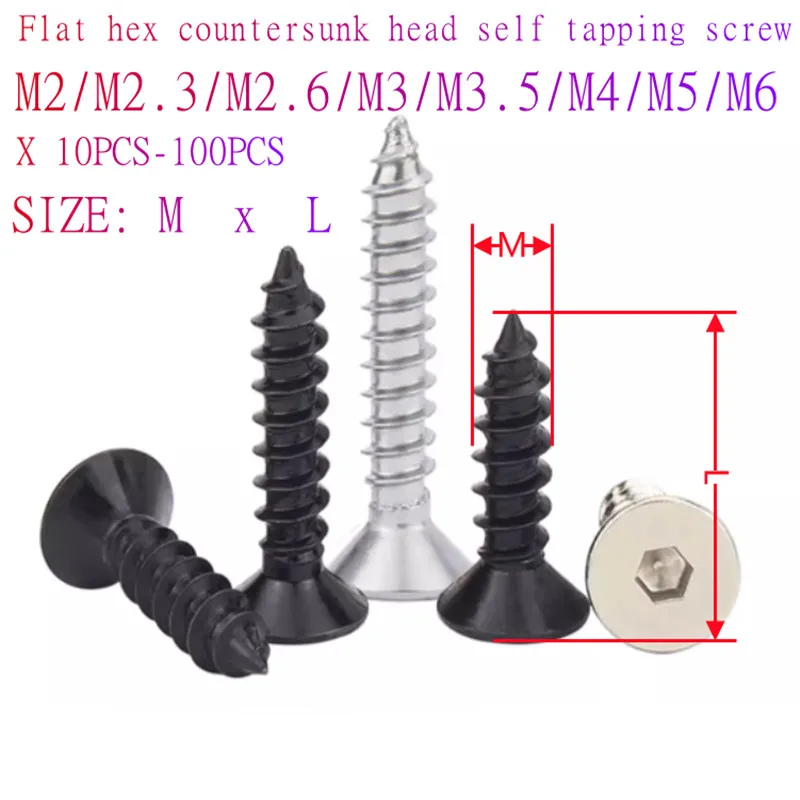 M2 M2.3 M2.6 M3 M4 M5 M6 Black 8.8 stainless steel Countersunk Head Hex Socket Self-Tapping Screws Flat Head Allen Audio Screw