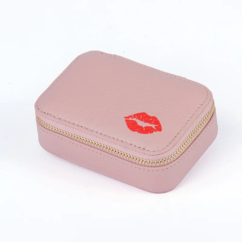 Ps Echt Lederen Afdrukken Lipstick Tas Met Spiegel Kussen Vorm Makeup Box Elegante Oorbel En Sieraden Opbergdoos Voor Dames