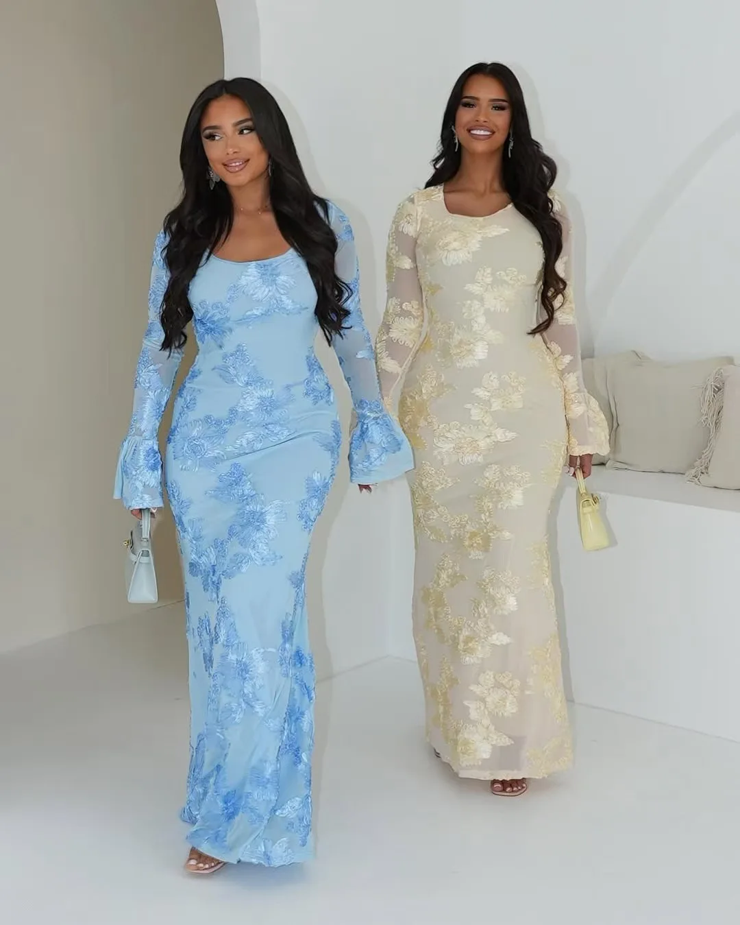 Robe brodée rose élégante de luxe pour femmes, tenue de soirée bleue à manches longues, courbée, pour invités de mariage, nouvelle collection automne hiver 2025