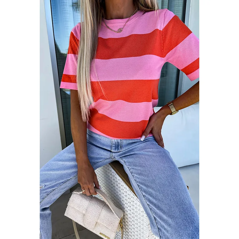 

Spring Summer New Pullover Round Neck Five-Sleeve Top for Women Dopamine Color Block KnitTWomen's Shirts Wholesale