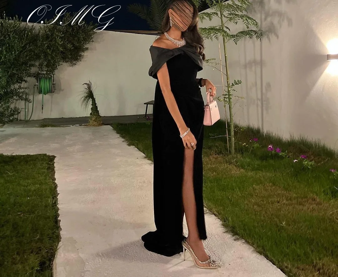 

OIMG Gorgeous Black Prom Dresses Short Sleeves Off Shoulder Women Satin High Slit Evening Gowns Occasion Formal Party Dress