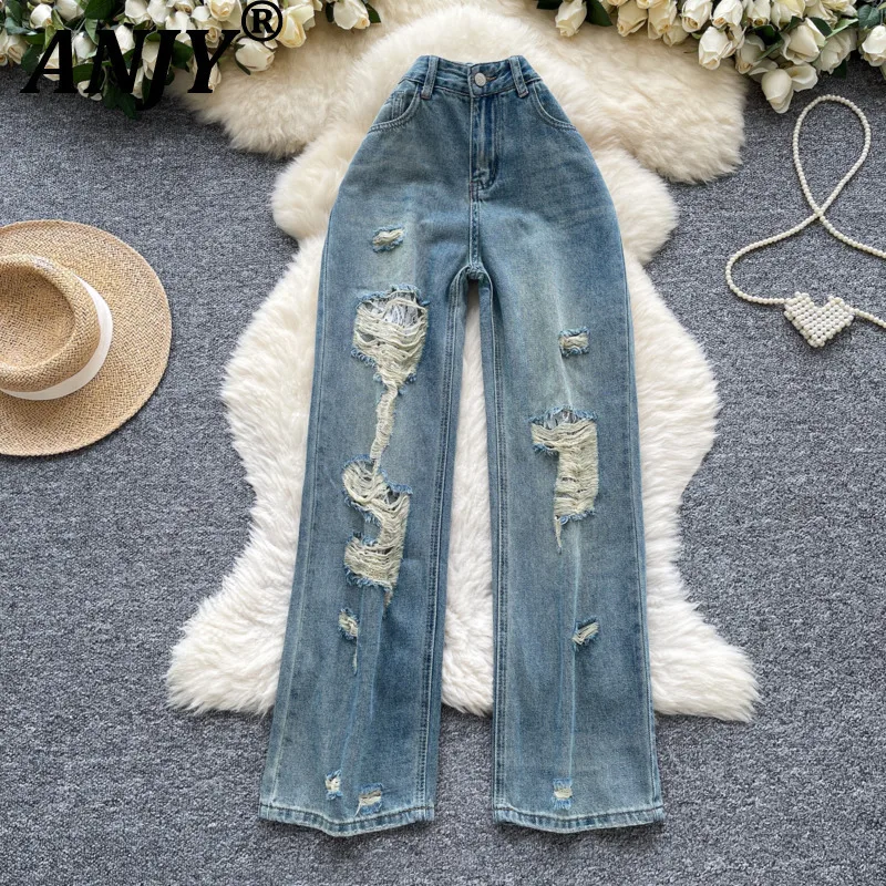 

ANJY Autumn New Women Korean Chic Ripped Jeans Straight Distressed Vintage High Street Elegant Tide Y2K Casual Denim Pants A8816