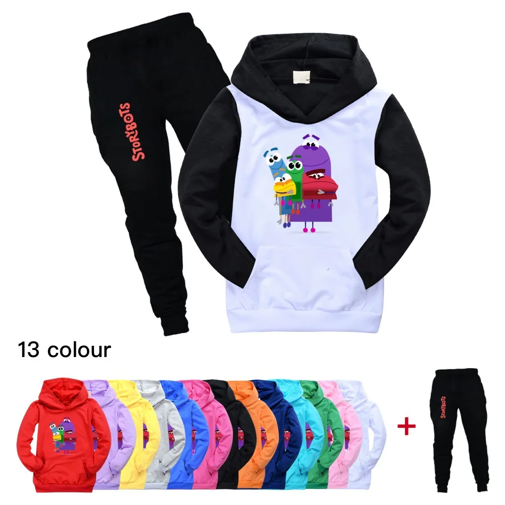 Nuevos conjuntos de ropa de bebé Storybots, traje de cumpleaños para niños, chándales para niñas/niños, ropa deportiva para niños, sudaderas con capucha, Tops + Pantalones, conjunto de 2 uds de 2 a 16 años