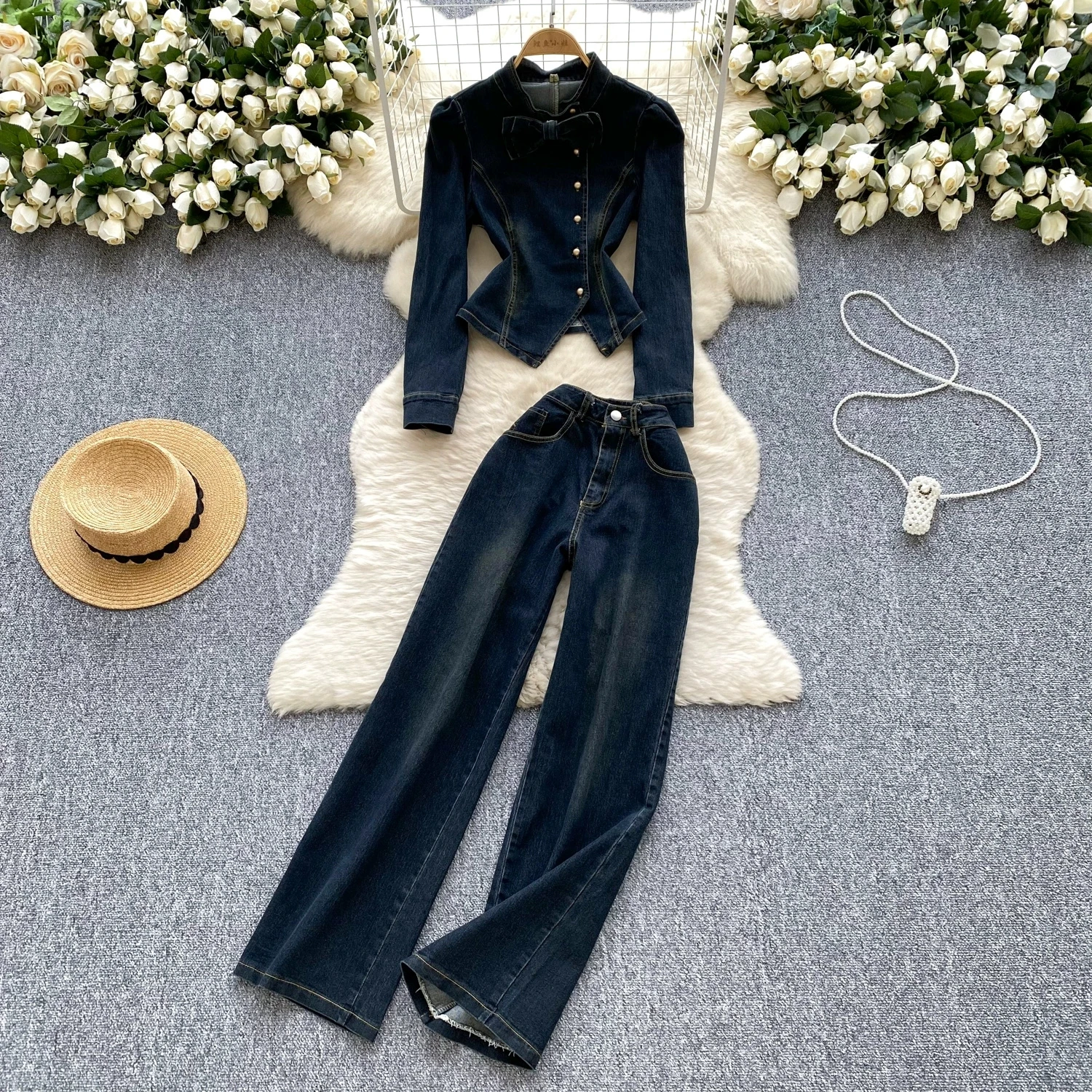 

Women Chic Denim Suit Bow Single Breasted Jacket + High Waist Wide Leg Straight Pants Clothing Sets