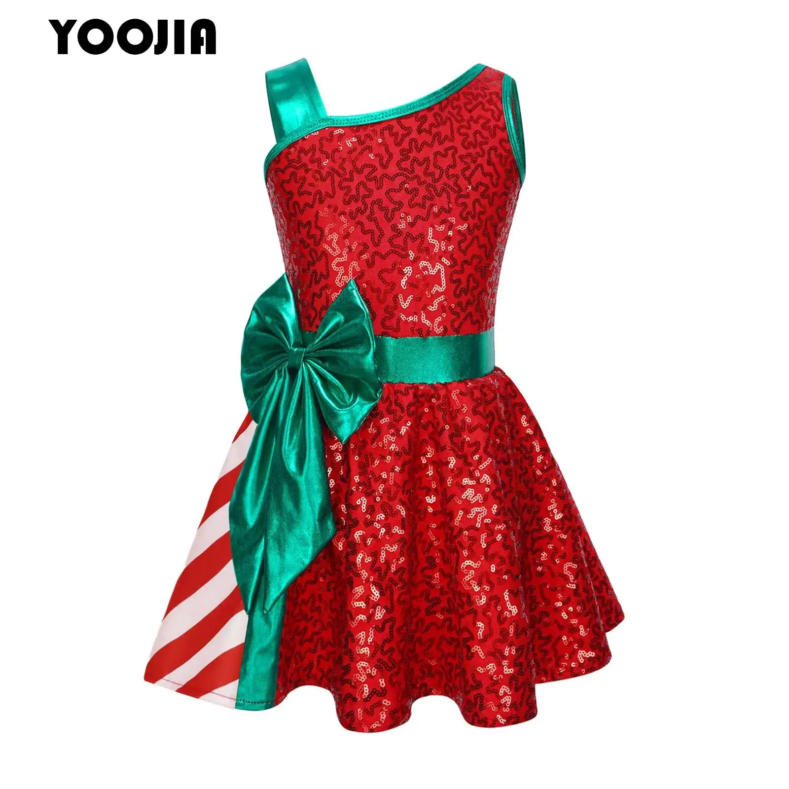 

Kids Girls Christmas Candy Cane Costume Striped Sequins Bowknot Tutu Dress New Year Party Ballet Dance Figure Skating Leotard