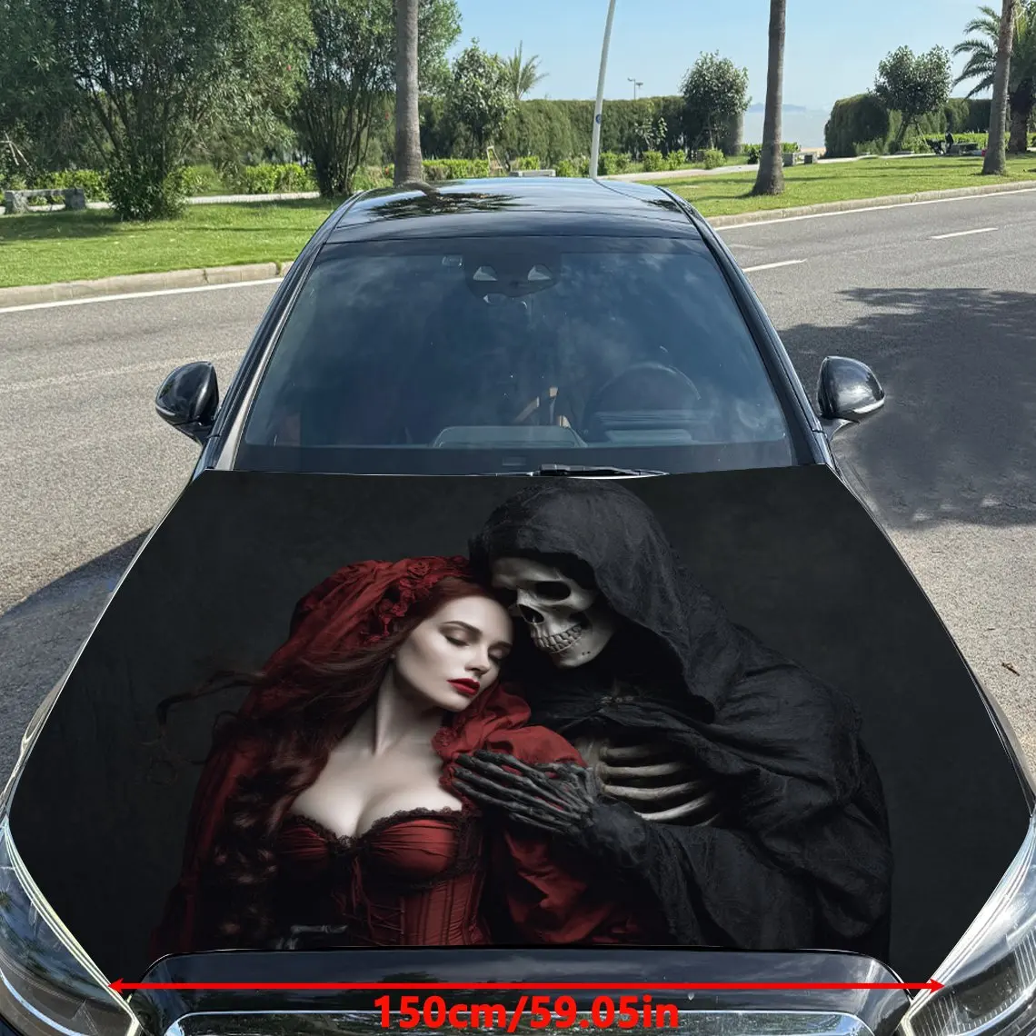 Dark Embrace of Death and Woman in Red Car Vinyl Wrap, PVC Material Waterproof Car Hood Sticker, Self-Adhesive Scratch-Resistant