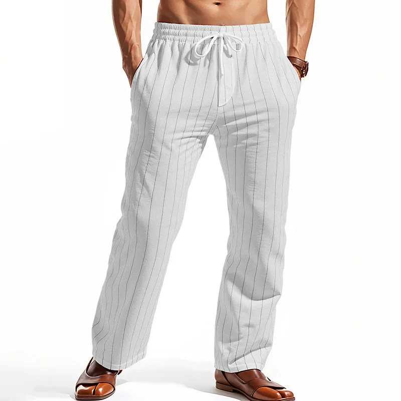 

2025 European and Asian linen summer pants, beach pants, drawstring vertical stripes, breathable casual long pants for men EUR