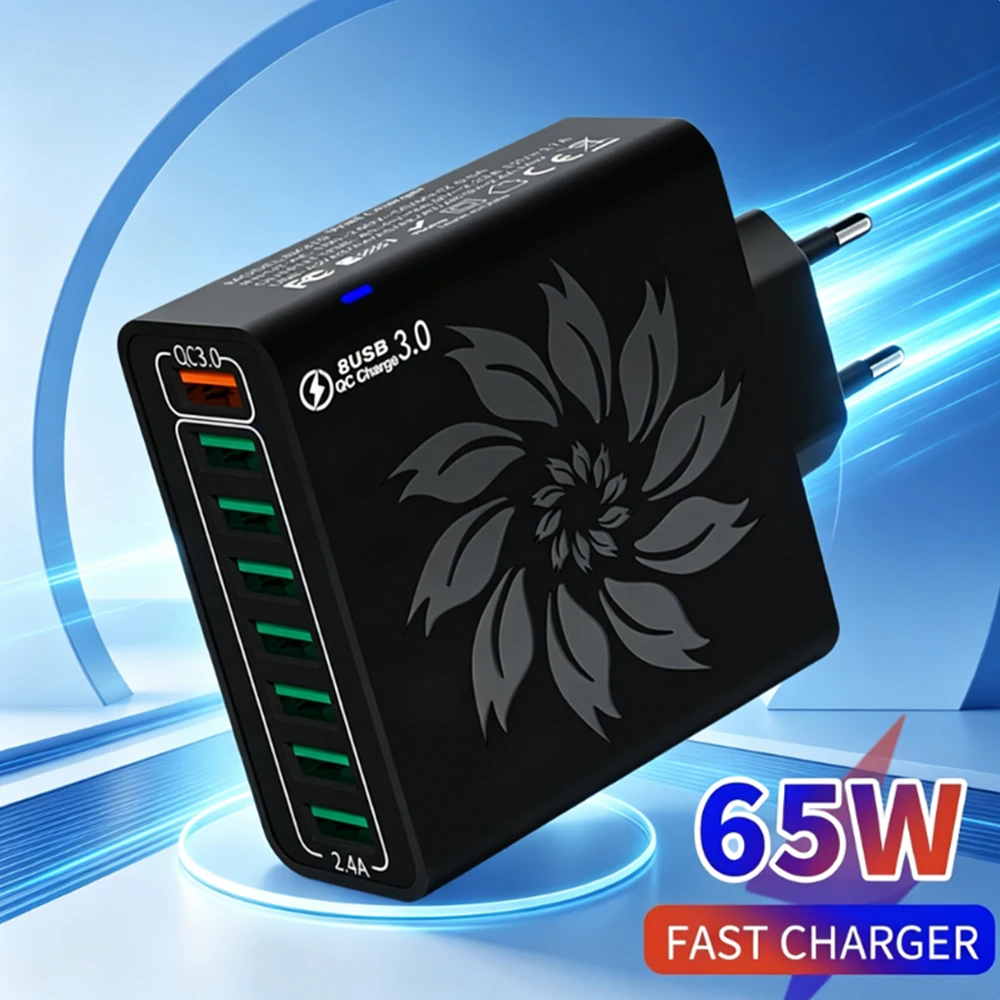 Adaptador de corriente de carga rápida USB 8 en 1 de 65W con múltiples puertos, QC 5.0, enchufe EU, US, KR para iPhone 15, Samsung, Xiaomi, carga rápida de pared.