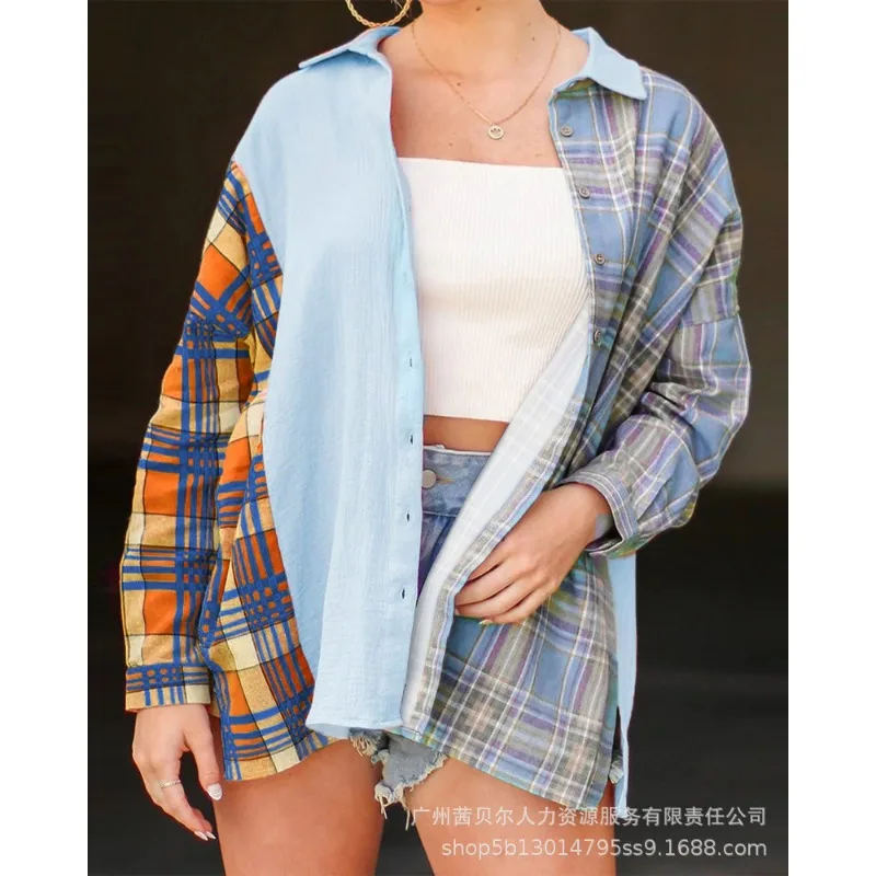 

Fashion Plaid Print Shirts Long Sleeve Patchwork Top Women Long Sleeve Shirts Summer Streetwear Button Down Shirt