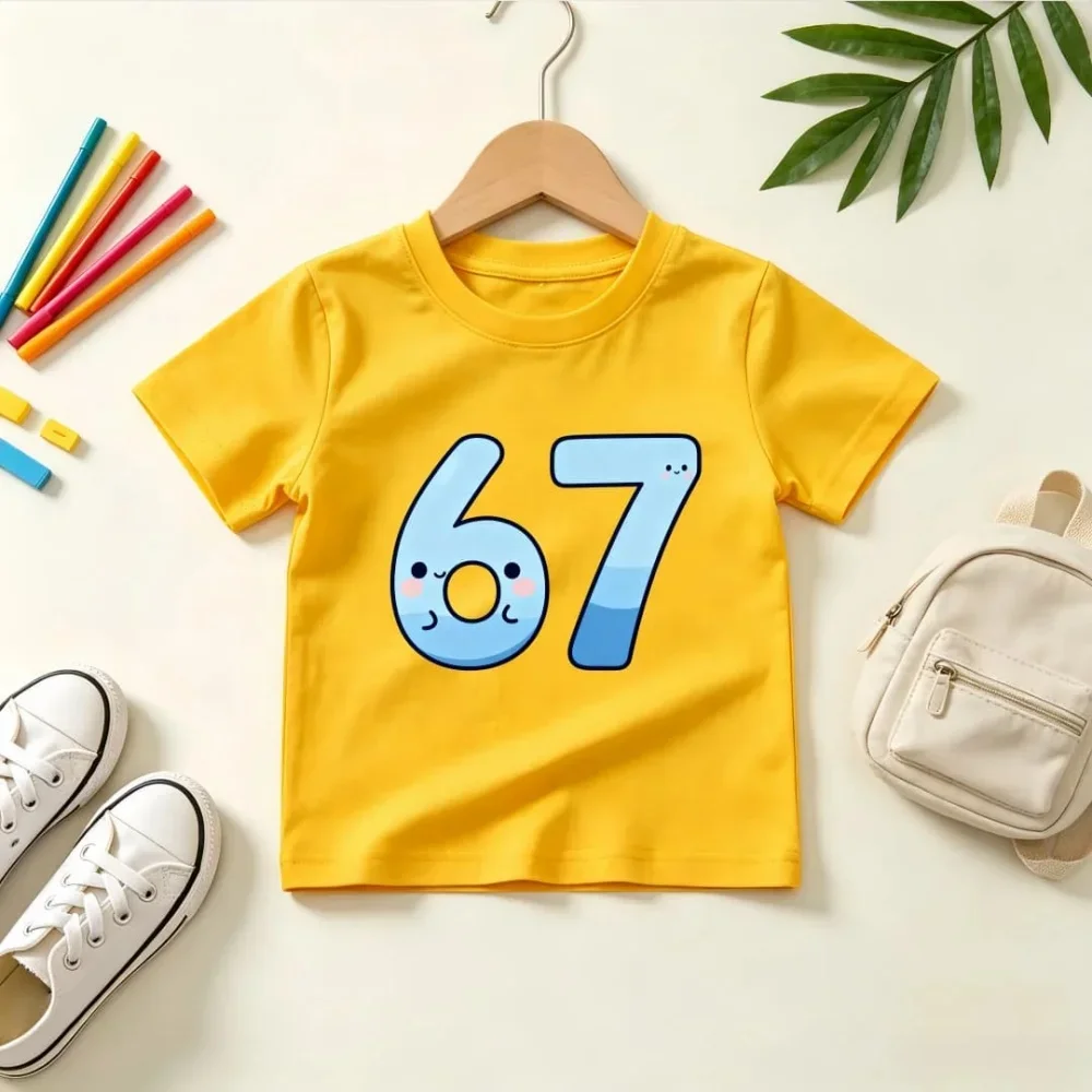 Kids Red Short Sleeve T Shirt Dripping Effect Black Number 67 Graphic Print Crew Neck Boys Girls Casual Summer Tee