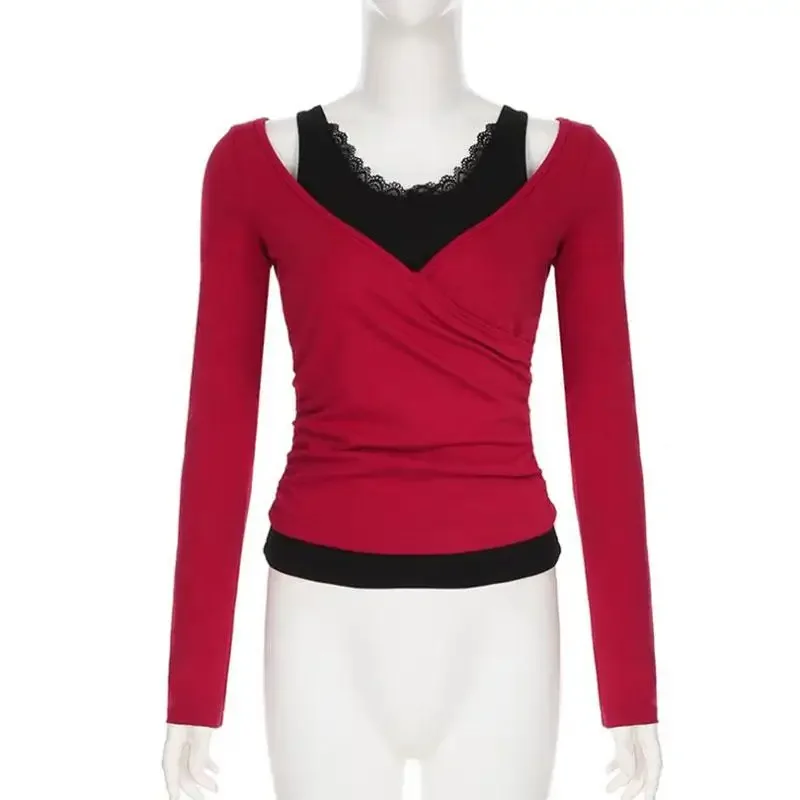 Wiosna Jesień Casual Slim Lace Splicing Crop Tops Kobiecy krótki top Sexy Color Block Fake Dwuczęściowa koszulka z długim rękawem dla kobiet
