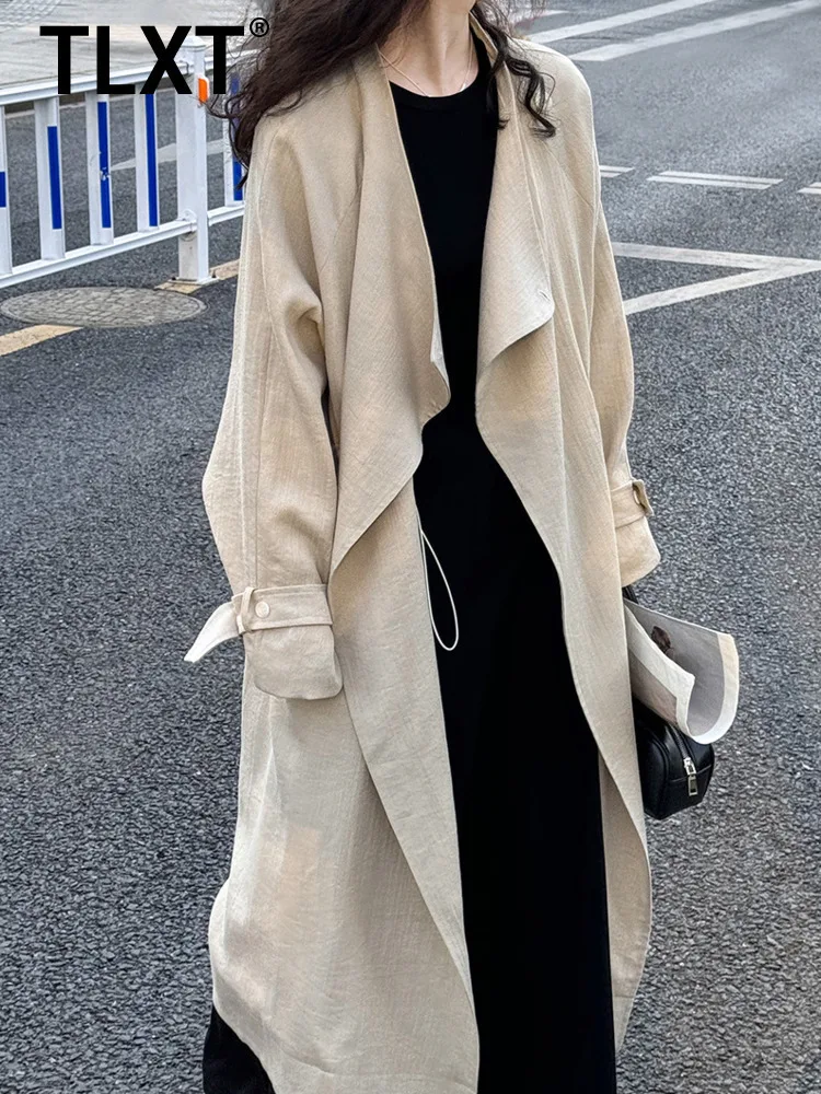 

TLXT Элегантный женский повседневный длинный льняной плащ с открытым передним драпированным воротником, легкий кардиган большого размера, верхняя одежда