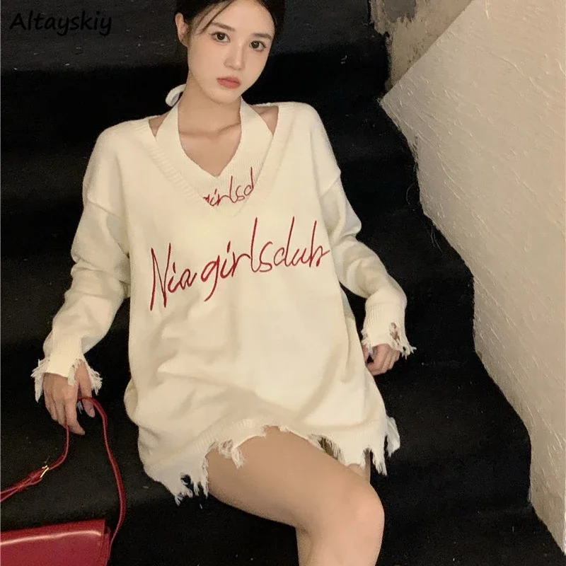 Knitted Sets Women Letter Print Long Sleeve Pullovers Tassel V-neck Loose Ripped Basic Tanks Neck-mounted Daily Gentle Slouchy