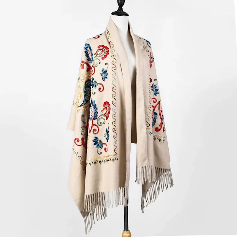 Poncho Cloak Embroidered Flower Scarf Imitation Cashmere Shawl Ethnic Style Tourism Cloak Warm and Wind Flowing Su Girl Gray