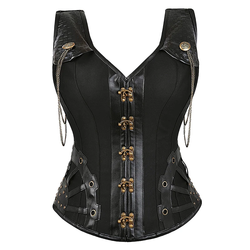 Gothic Corset Top Plus Size Steampunk Corsets for Women Goth Clothing Corset Faux Leather Corset Bustier Strapless Black