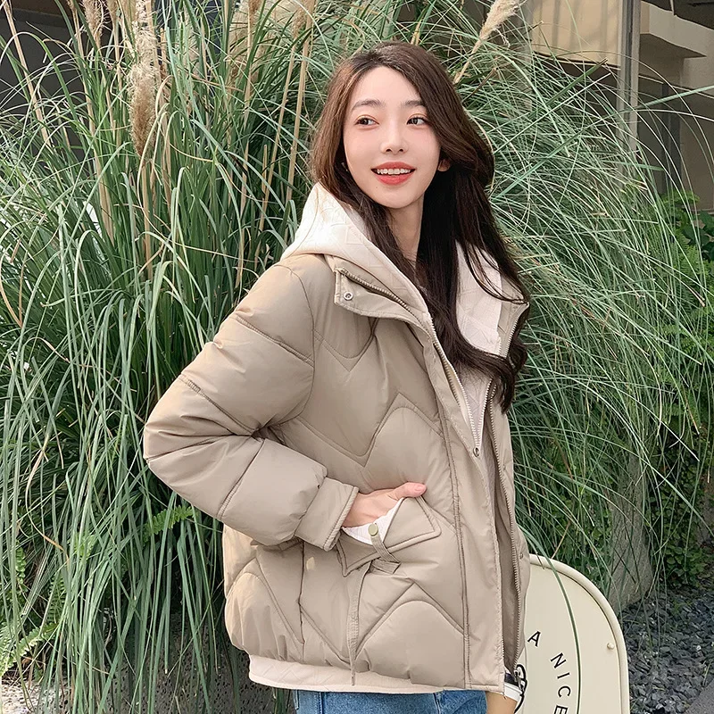 Women's Fall Winter Tops Jacket Cotton Coat Fake Two Piece Thickened Short Hooded Warm Niche Design Sense Casual Soft Fashion