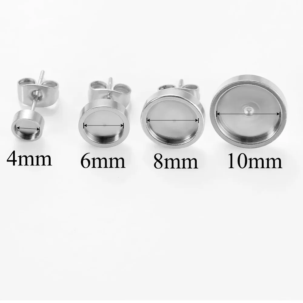 30 teile/los Edelstahl 4/6/8/10mm Flache Stud Ohrring Einstellung Blank Ohrring Basis Harz cabochon Tablett für DIY Schmuck Machen