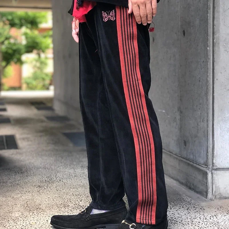 New Cotton Velvet Sweatpants Butterfly Embroidery Webbing Track Stripe Trousers Zipper Oversize Black Men Women Pants