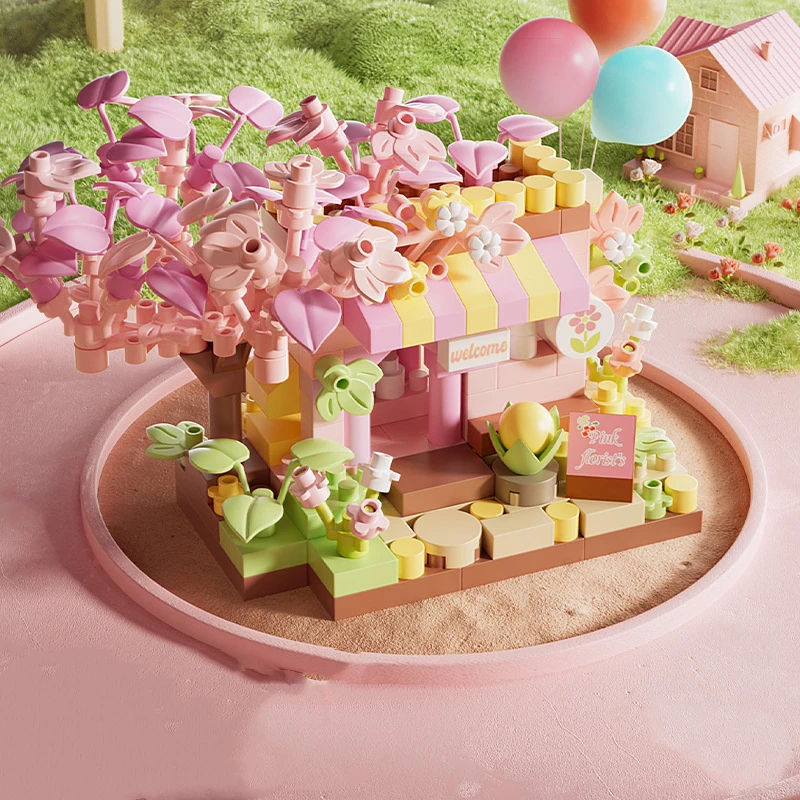 Viele Stile, Märchenstadt, Straße, Sonnenschein, Blumenhaus, Bausteine, Spielzeug, Traumblumenladen, architektonische Kinderornamente