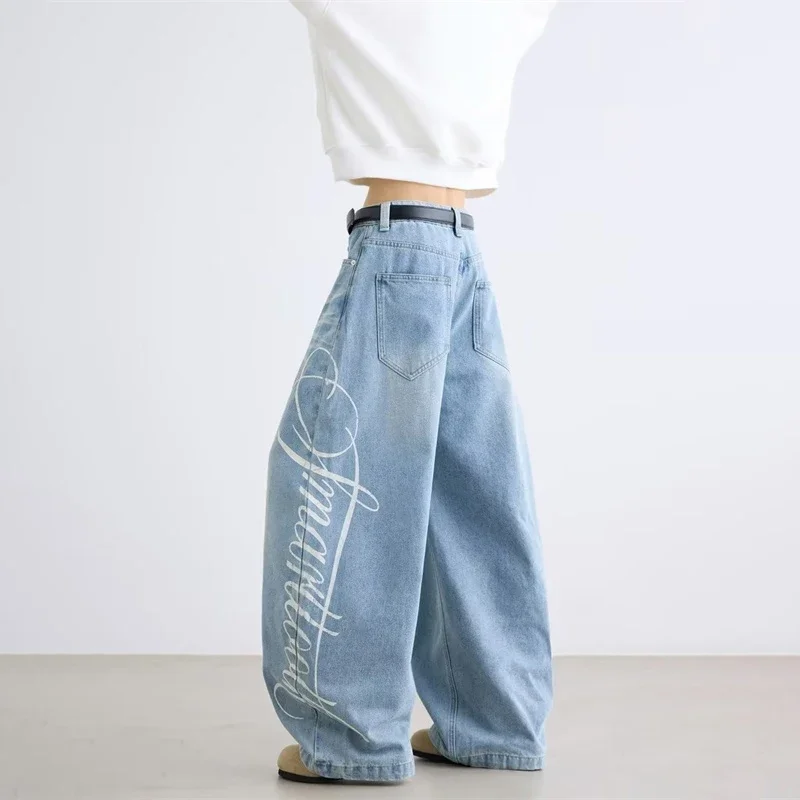 1. Men's Letter Printed Baggy Straight Leg Jeans, Autumn Washed Denim Pants American Retro Y2K Hip Hop Streetwear Trousers