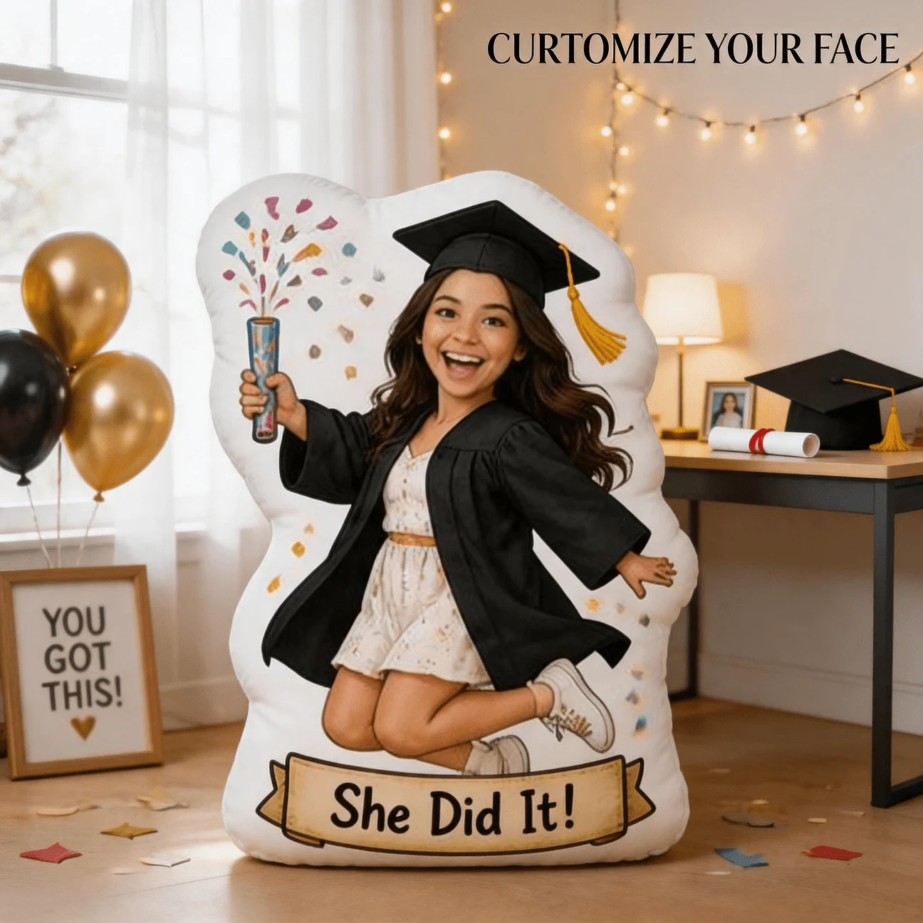 Custom Photo Graduation Look Shaped Pillow, Personalized Face Decorative Cushion with Celebration Design, 60CM Large Size Accent