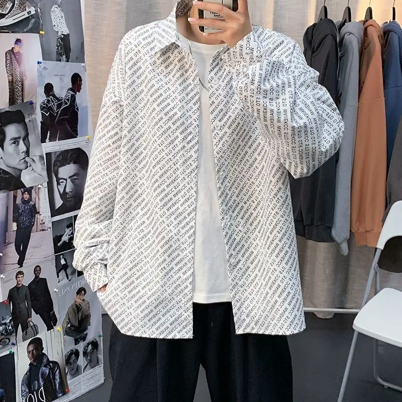 

Loose Long Sve Men's irt Hong Kong Sle Casual Outerwear Spring Autumn Trendy Brand Versatile Printed Pointed Collar