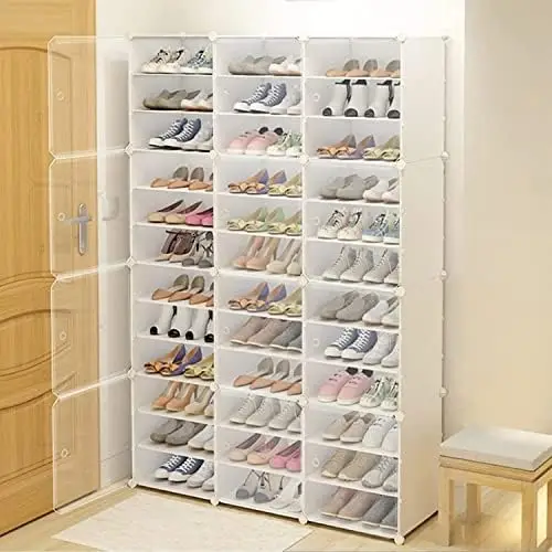 

Portable Shoe Rack Organizer with Door, 72 Pairs Shoe Modular Cabinet, Plastic Adjustable Box Shelves Stackable Detachable DIY