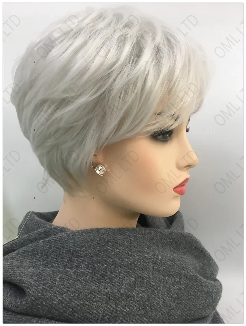 Pelucas sintéticas cortas y esponjosas para mujer, pelo Natural gris degradado, pelo corto y liso con flequillo, Peluca de uso diario para mamá