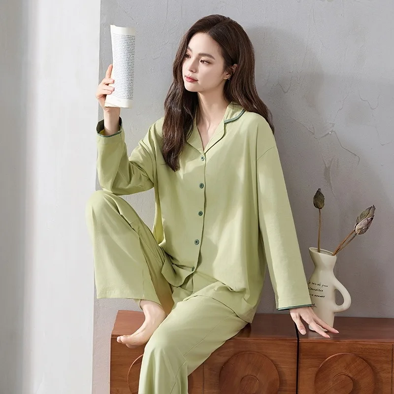 

Women's 7A Antibacterial Pure Cotton Pajama Set Long Sleeve Long Pants Cardigan Spring Autumn Casual Solid Color Loungewear 3XL