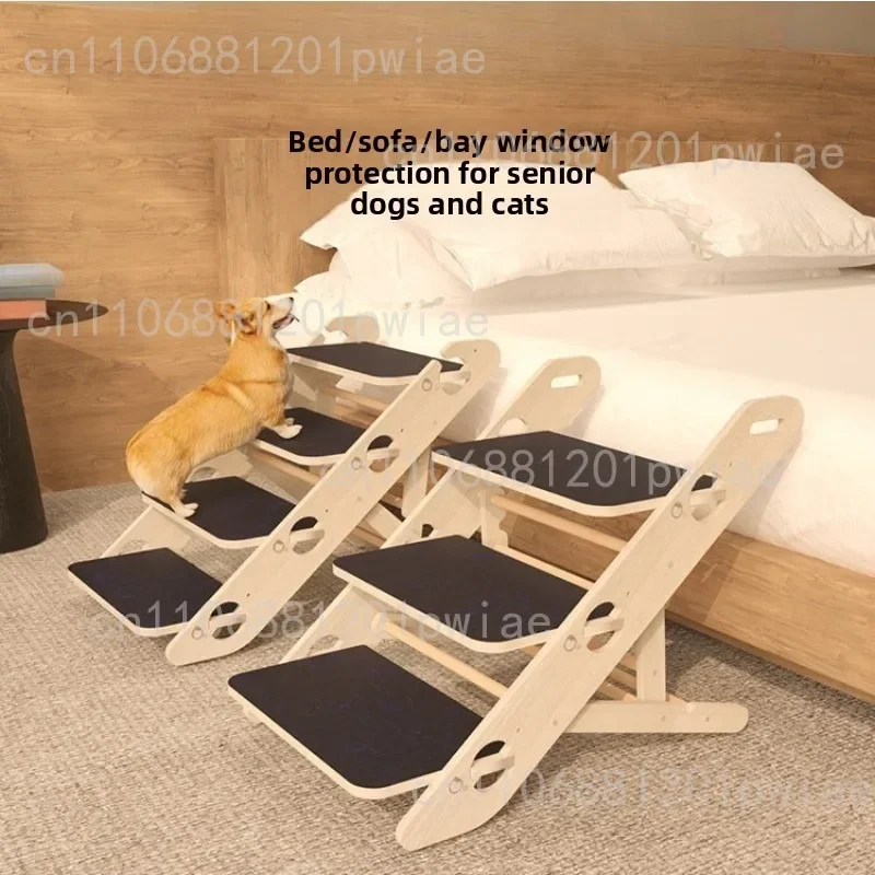 Solid Wood Folding Climbing Ladder for Elderly Dogs Anti-Slip Step Stool Pet Ramp for Sofa Bedside Strong Load-Bearing Dog Ramps