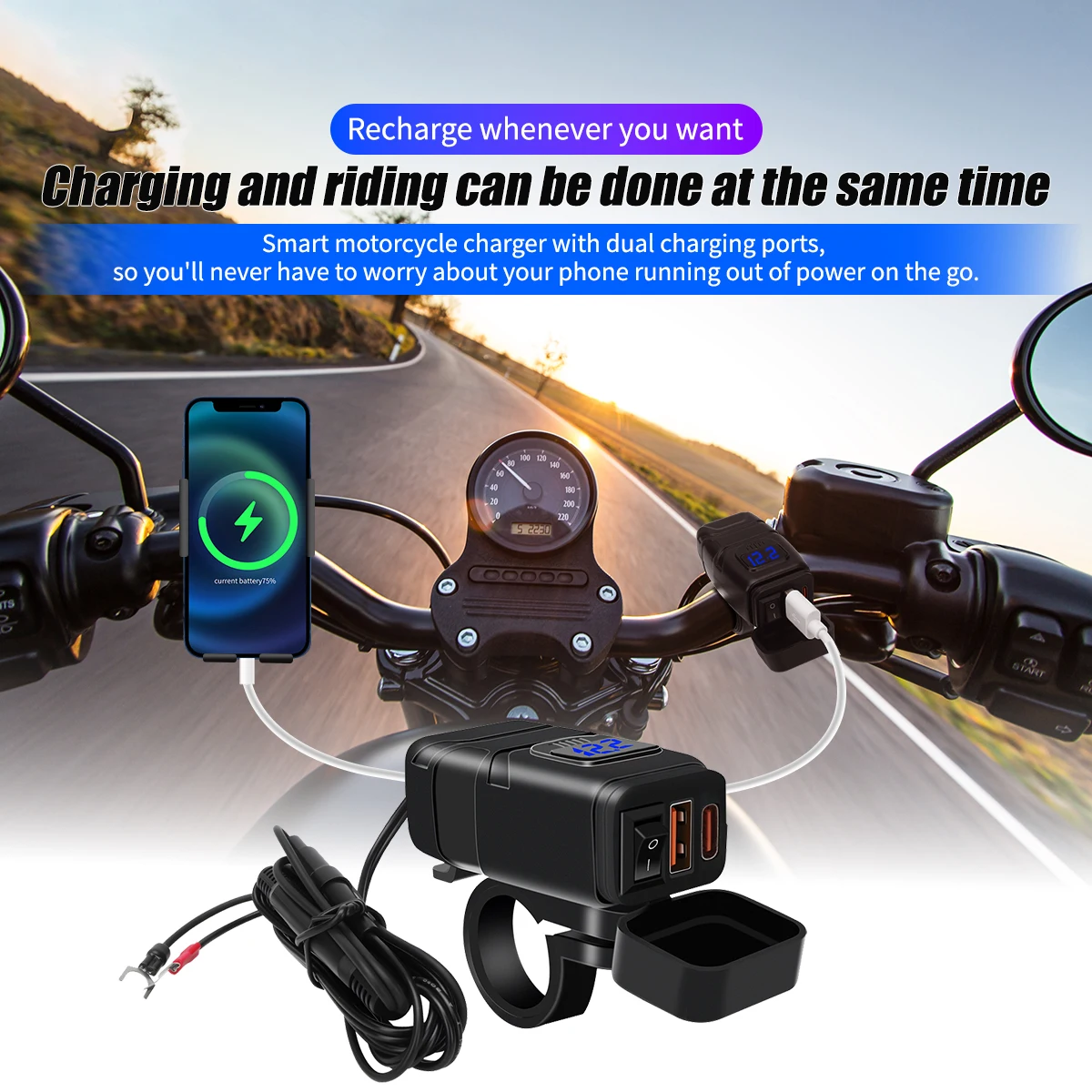 Motorcycle USB Fast Charger Handlebar USB Type-C Socket With Switch Voltage Meter For Mobile Phone Outdoor Cycling Accessory