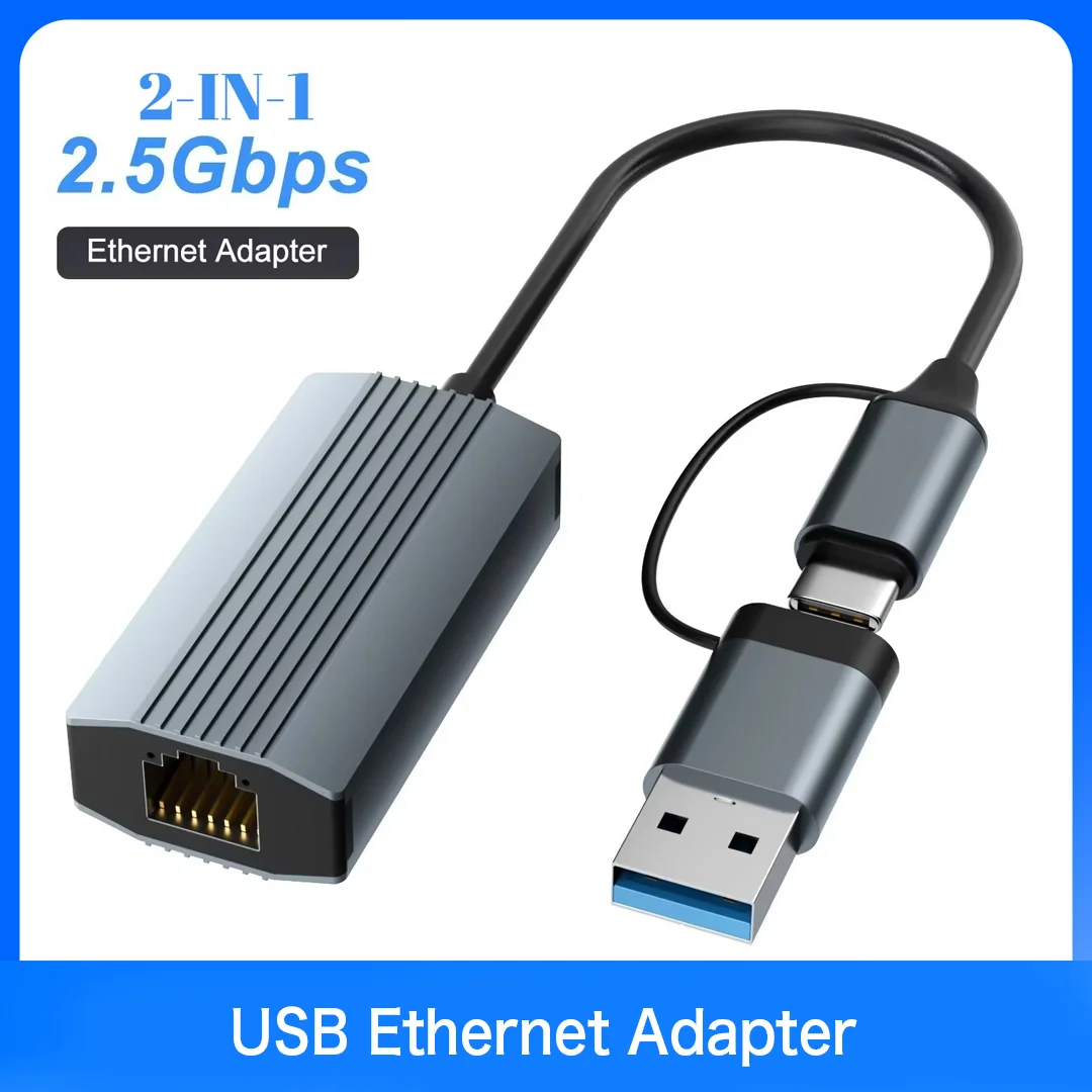 2.5G Ethernet Adapter 2500Mbps USB 3.0 & Type C to Rj45 Network Card for Laptop PC NAS Server Windows Mac OS Internet