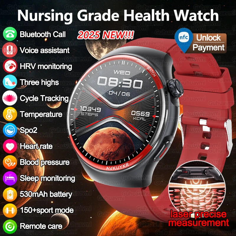 2025 New High-end Laser Detection Smart Watch Men Precise Blood Pressure Heart Rate Oxygen HRV Bluetooth Call NFC Health Watches