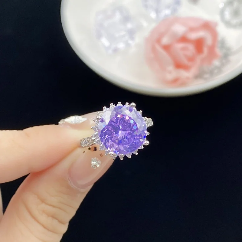 5 Carat Starry Sky Cut Purple Zirconia Fluorescent Light Color-Changing Full Diamond Elegant Fashion Open Ring for Women