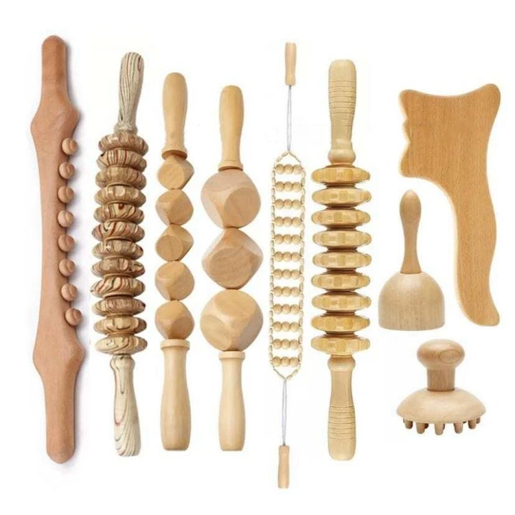 

9 in 1 Wood Therapy Kit Wooden Massager Roller Gua Sha Roller for Muscle Pain Relief Body Sculpting Tools solid wood Hot selling