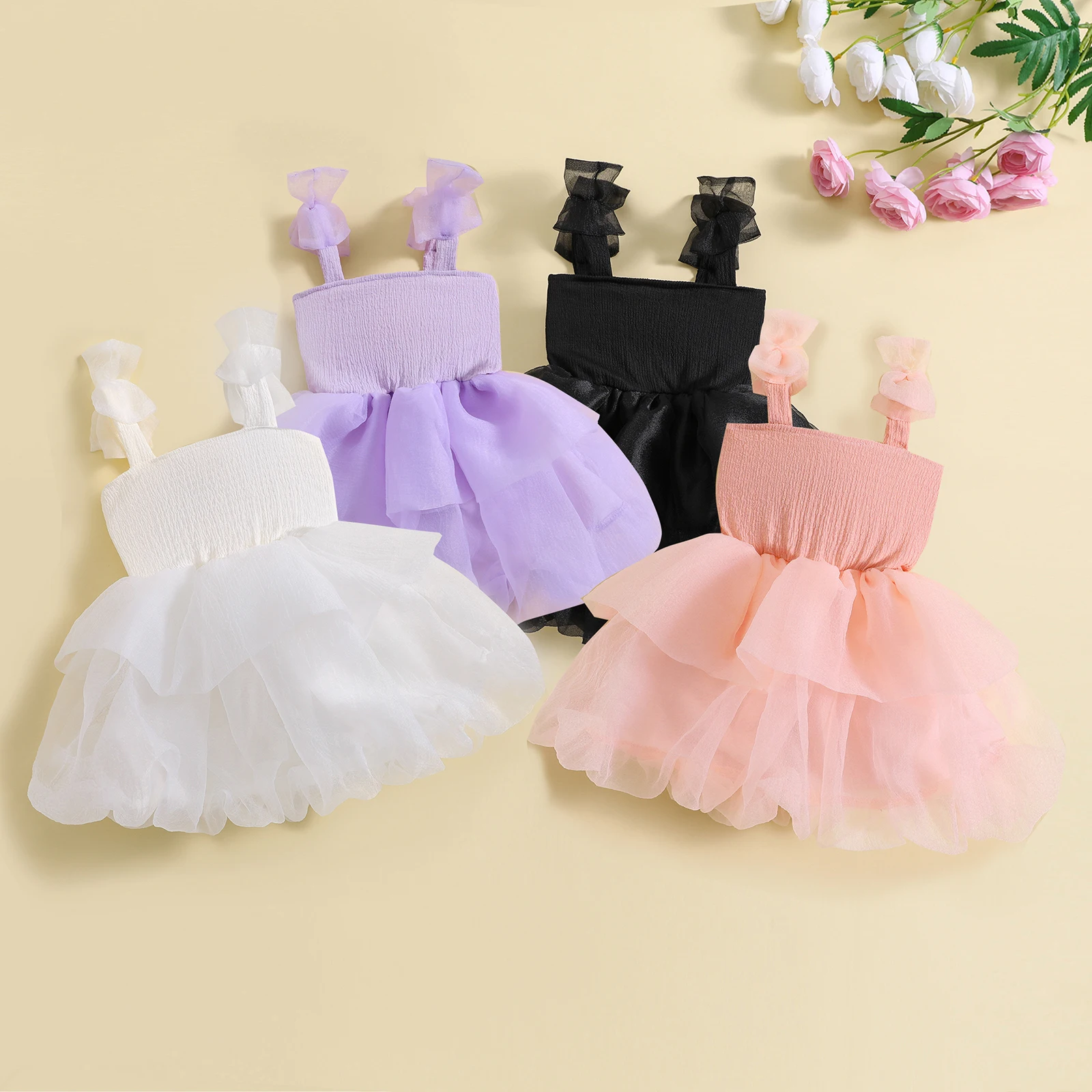 Kids Baby Girls Ball Gown Dress Sleeveless Bow Straps Layered Tulle A-line Dress Summer Girl Patchwork Birthday Party Dress