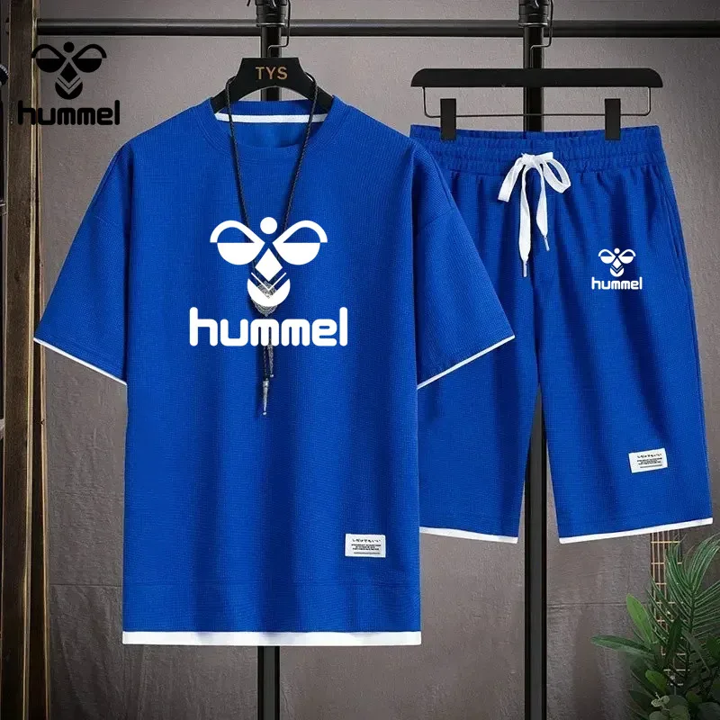 2024 New Summer Luxury Brand HUMMEL Short Sleeve Luxury Sportswear Men\'s Fitness Fashion Casual T-shirt + Shorts 2 Sets