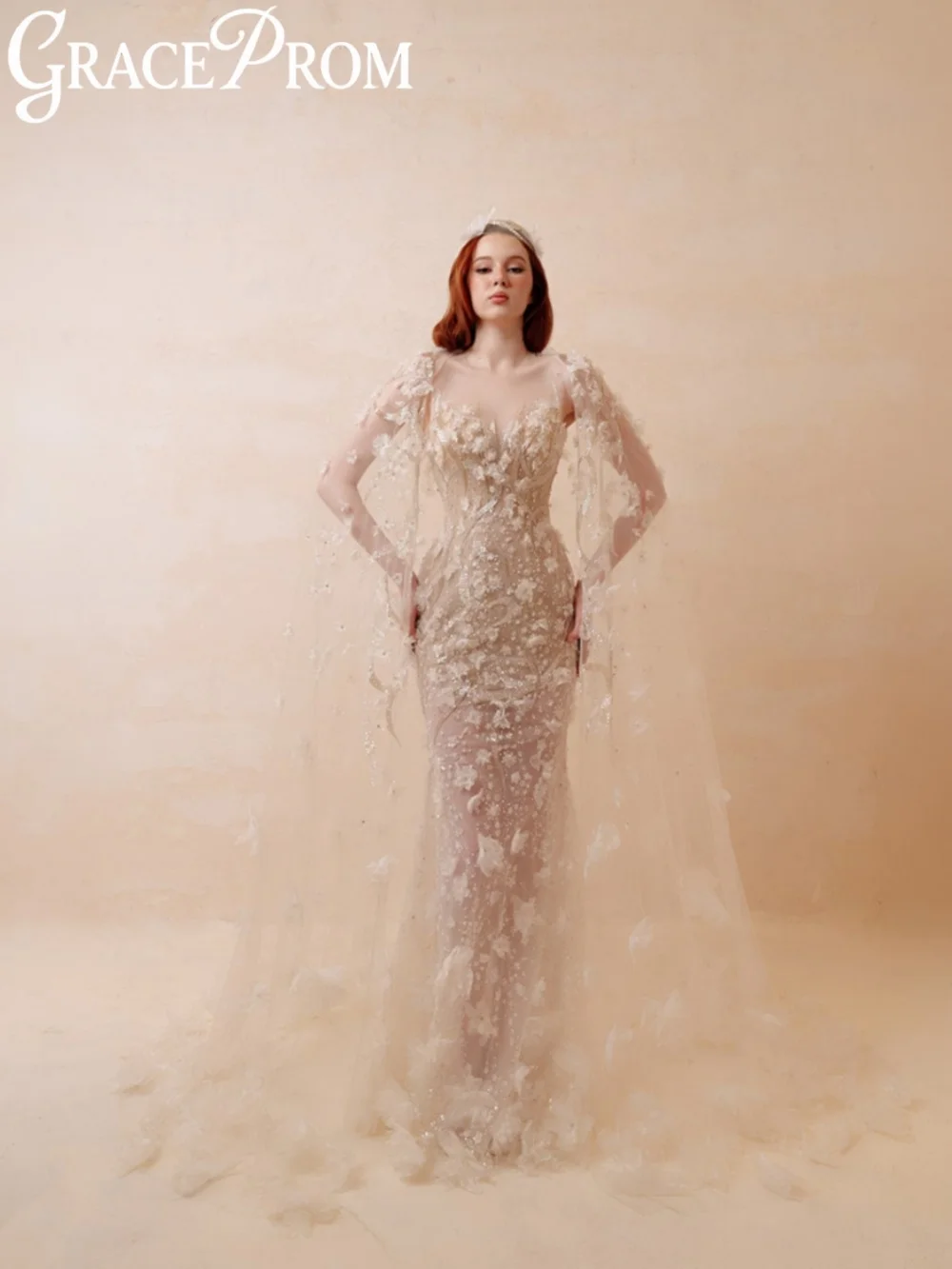

Illusion 3D Floral Evening Dress With Cape Sparkly Beaded Floor-length Wedding Party Gowns Customized Gorgeous Banquet Gowns