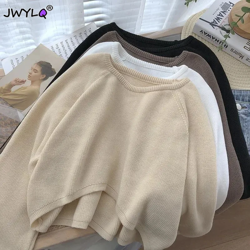 Pull court vintage à col rond pour femme, manches longues, style streetwear, couleur unie, simple, 2023