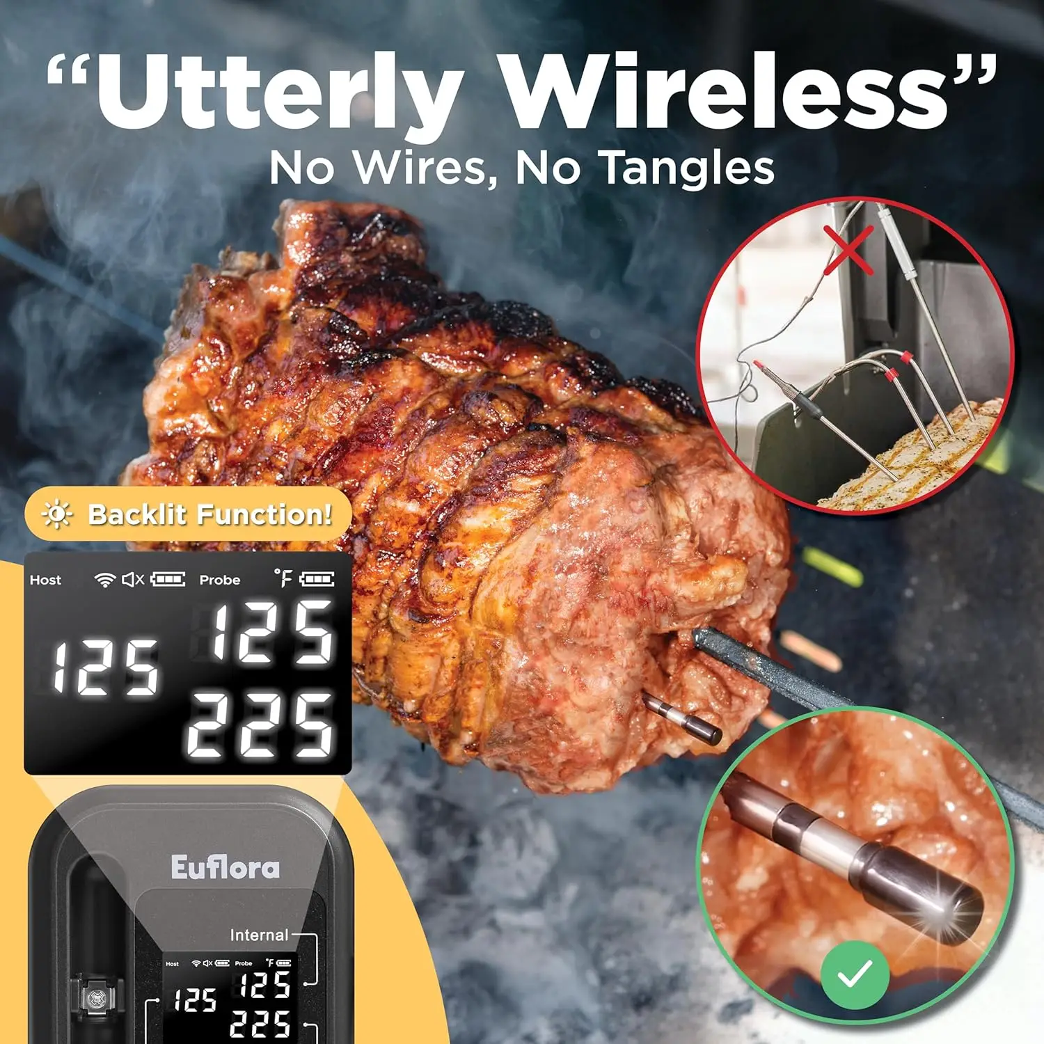 Wireless Meat Thermometer with Digital Meat Probe,   Host Control for Barbecue, Outdoor Grilling, Oven & Smoker (Black)