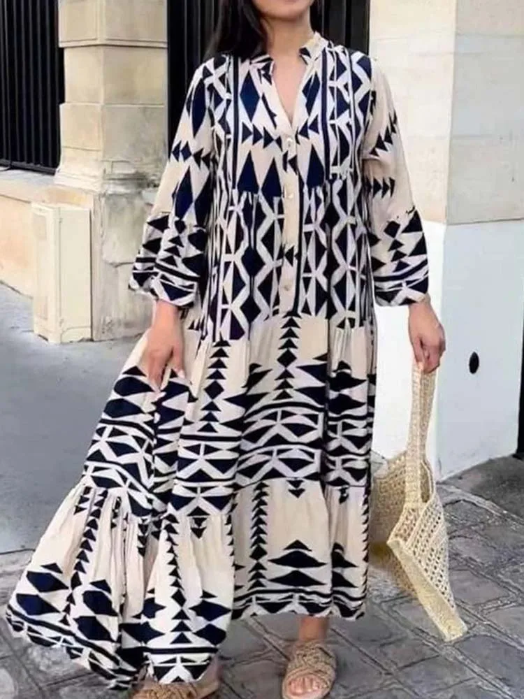 Long Sleeve Vintage Women Long Dress Casual Loose Summer Autumn Floral Printed Dress Elegant Clothing 2023