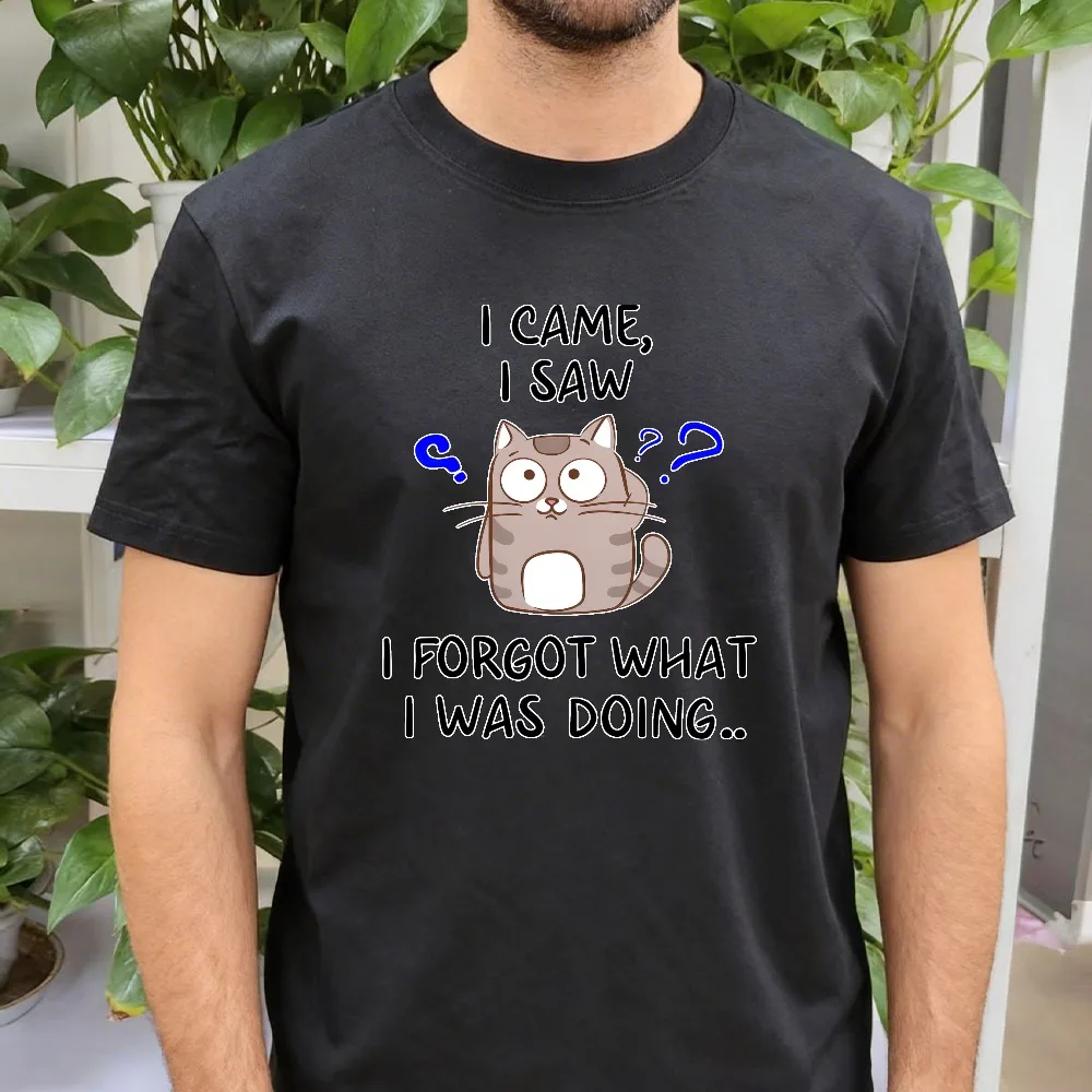 I Came Saw Forgot What I Was Doing Funny Confused Cat Graphic T-Shirt Cartoon Kitten Meme Print Tee Unisex Casual Cotton Top Tee