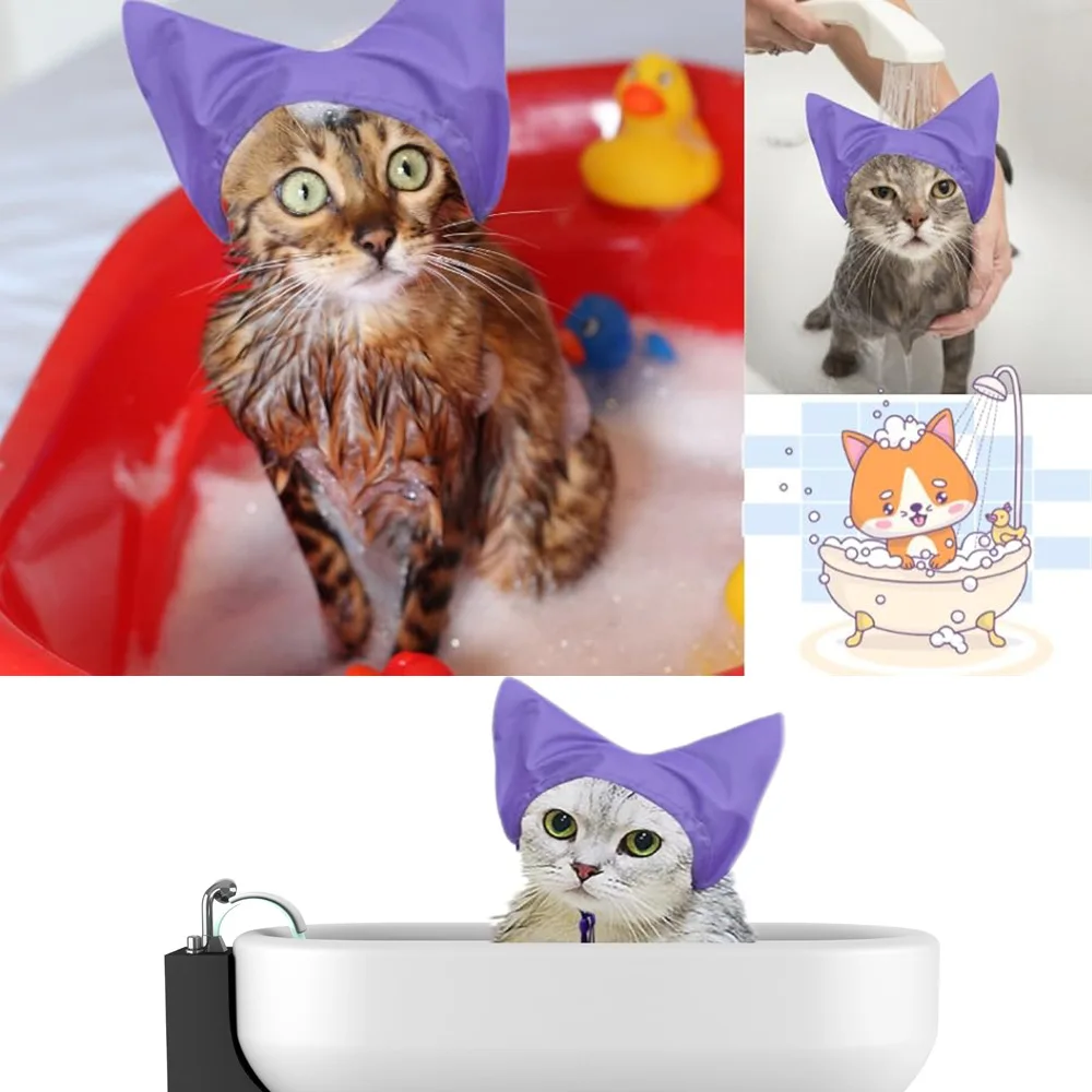 Cat Shower Cap Waterproof Ear Cover Prevent Water Into Ears Adjustable Pet Bath Hat For Kitten Grooming Bathing Daily Use