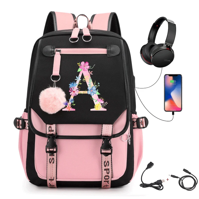

Pink Backpack with Gold Printed Alphabet A-Z Fashionable Shoulder Bag for High School Girls And Teenagers