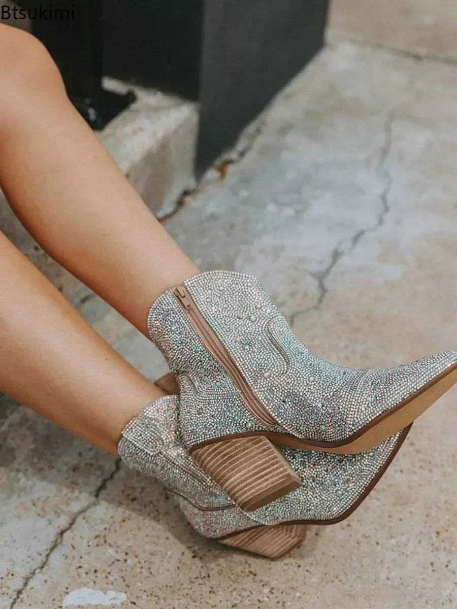 2024 Women\'s Pointed Toe High Heels Boots Fashion Short Ankle Boots Sequin Hot Diamond Design Boots Female Streetwear Shoes
