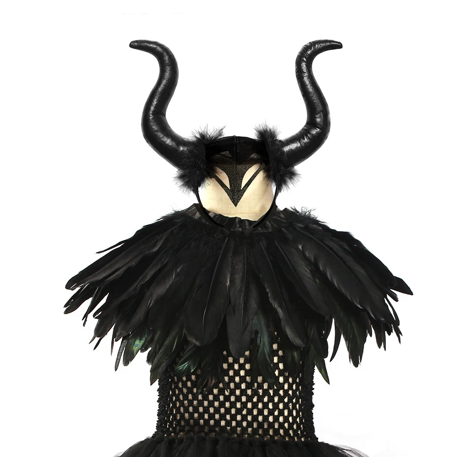 Halloween Costume Maleficent Tutu Dress For Girls Cosplay Evil Queen Black Mesh Princess Dress Kids Crow Wand Demon Witch Gown