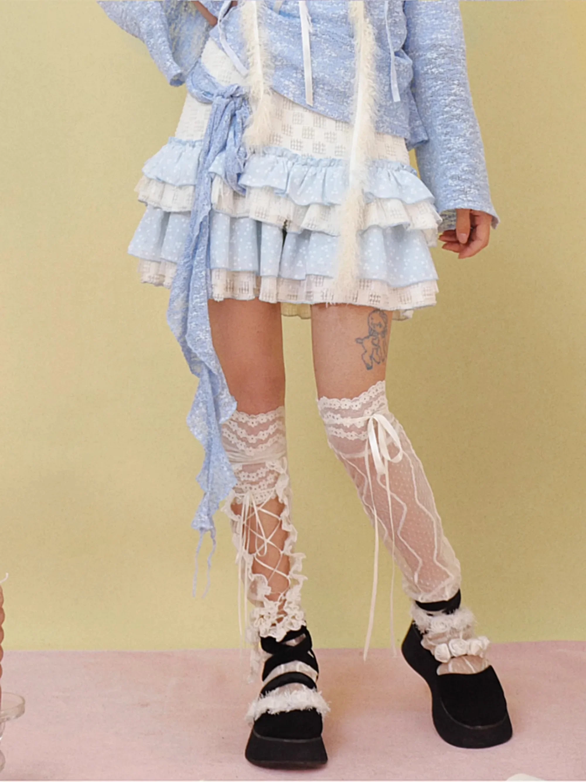 Harajuku Lace Knee Sleeve Socks Subculture Sweet Kawaii Mesh Lace-up over the knee Skinny Leg Socks White